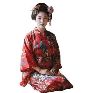 Deadstock Vintage Kimono Robe, Red Polyester, Figures & Sakura, Made in Japan